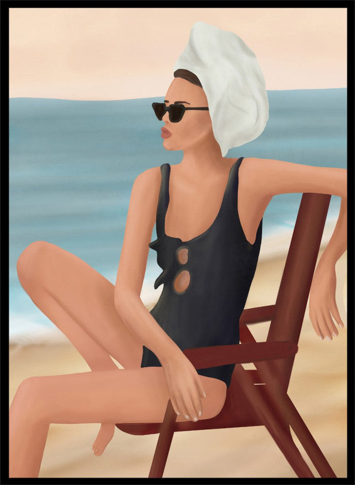 Woman in a black swimsuit with a towel on her head, sitting on a beach chair by the ocean. Relaxed Beach Style by Flow Line features a woman lounging by the sea in vintage swimwear, bringing coastal elegance and summer style to your walls.