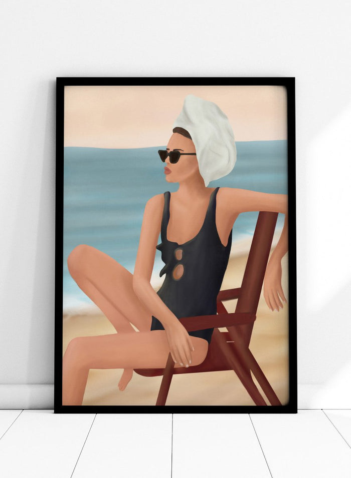 Woman in a black swimsuit with a towel on her head, sitting on a beach chair by the ocean. Relaxed Beach Style by Flow Line features a woman lounging by the sea in vintage swimwear, bringing coastal elegance and summer style to your walls.