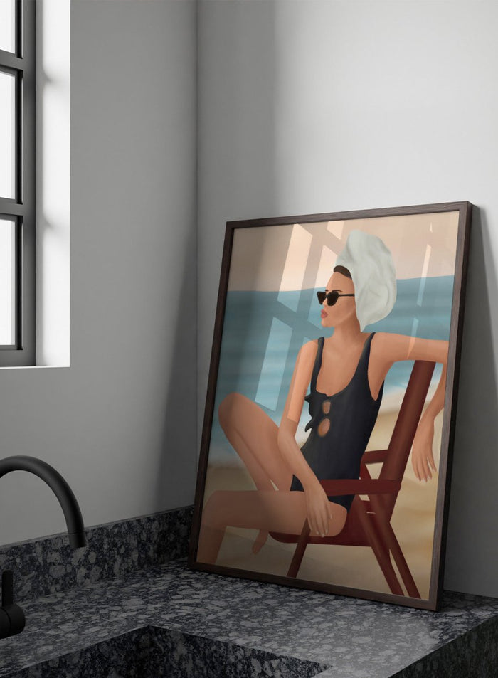 Woman in a black swimsuit with a towel on her head, sitting on a beach chair by the ocean. Relaxed Beach Style by Flow Line features a woman lounging by the sea in vintage swimwear, bringing coastal elegance and summer style to your walls.