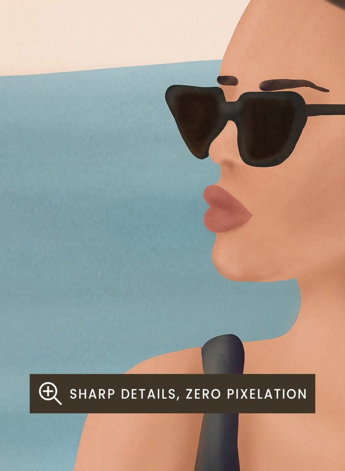 Woman in a black swimsuit with a towel on her head, sitting on a beach chair by the ocean. Relaxed Beach Style by Flow Line features a woman lounging by the sea in vintage swimwear, bringing coastal elegance and summer style to your walls.