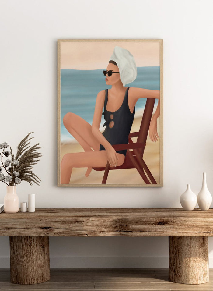 Woman in a black swimsuit with a towel on her head, sitting on a beach chair by the ocean. Relaxed Beach Style by Flow Line features a woman lounging by the sea in vintage swimwear, bringing coastal elegance and summer style to your walls.