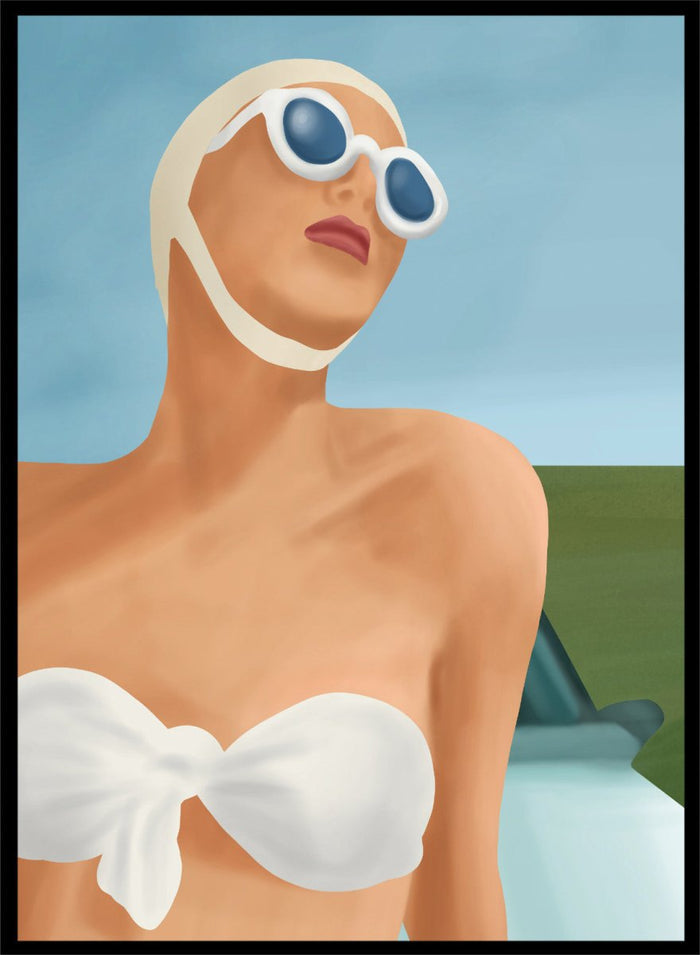 Woman wearing a white bikini and sunglasses with a car in the background. Retro Summer Swimmer by Flow Line is a retro pool art print featuring a vintage swimsuit, oversized sunglasses, resort style, summer decor, and feminine wall art.