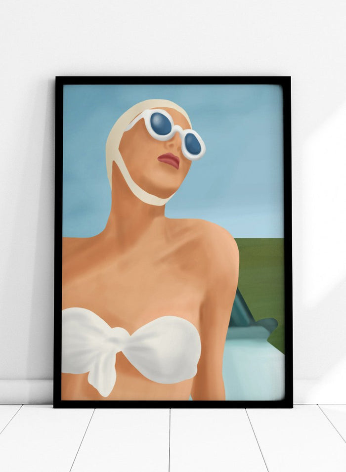 Woman wearing a white bikini and sunglasses with a car in the background. Retro Summer Swimmer by Flow Line is a retro pool art print featuring a vintage swimsuit, oversized sunglasses, resort style, summer decor, and feminine wall art.