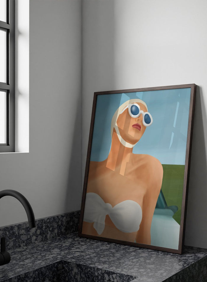 Woman wearing a white bikini and sunglasses with a car in the background. Retro Summer Swimmer by Flow Line is a retro pool art print featuring a vintage swimsuit, oversized sunglasses, resort style, summer decor, and feminine wall art.