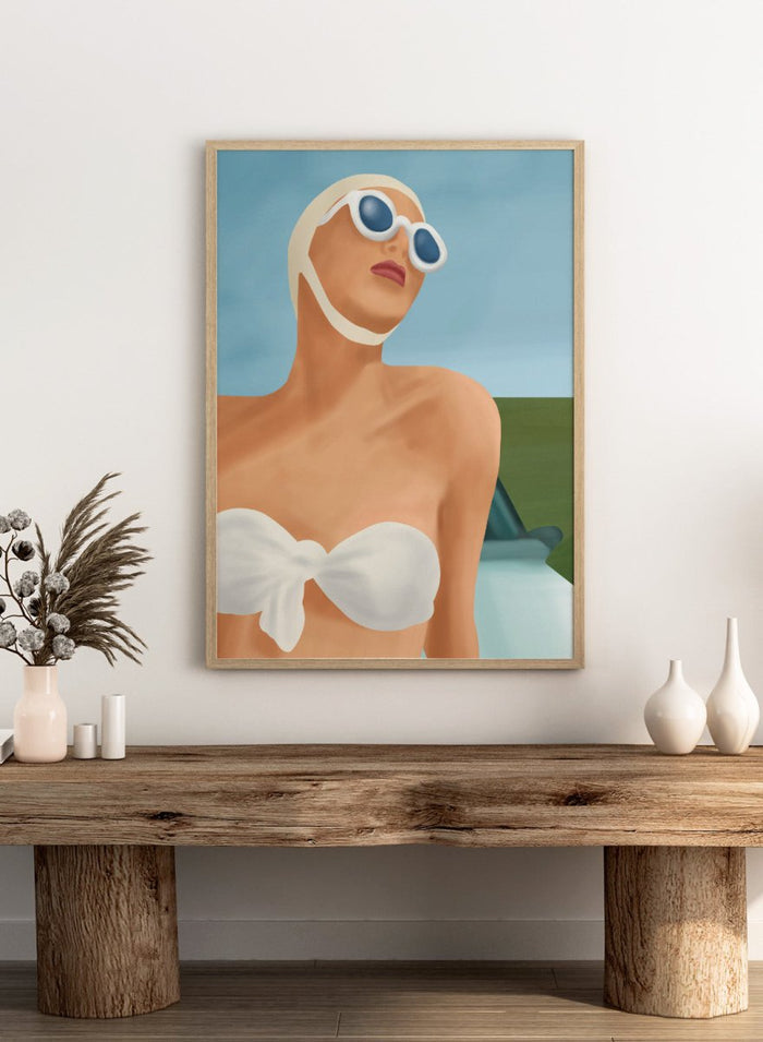 Woman wearing a white bikini and sunglasses with a car in the background. Retro Summer Swimmer by Flow Line is a retro pool art print featuring a vintage swimsuit, oversized sunglasses, resort style, summer decor, and feminine wall art.