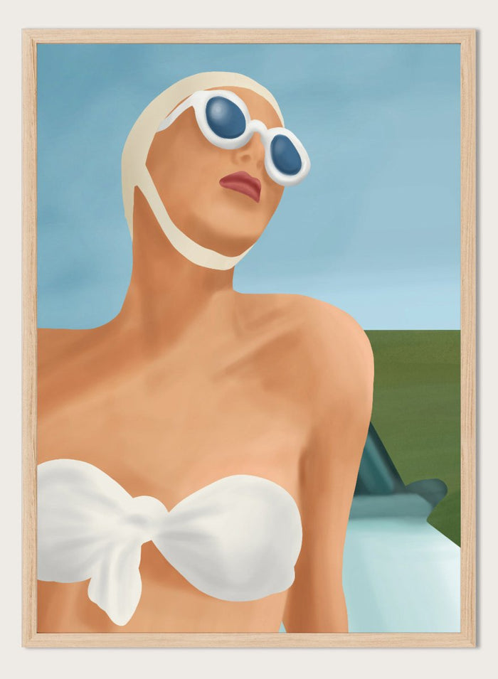 Woman wearing a white bikini and sunglasses with a car in the background. Retro Summer Swimmer by Flow Line is a retro pool art print featuring a vintage swimsuit, oversized sunglasses, resort style, summer decor, and feminine wall art.