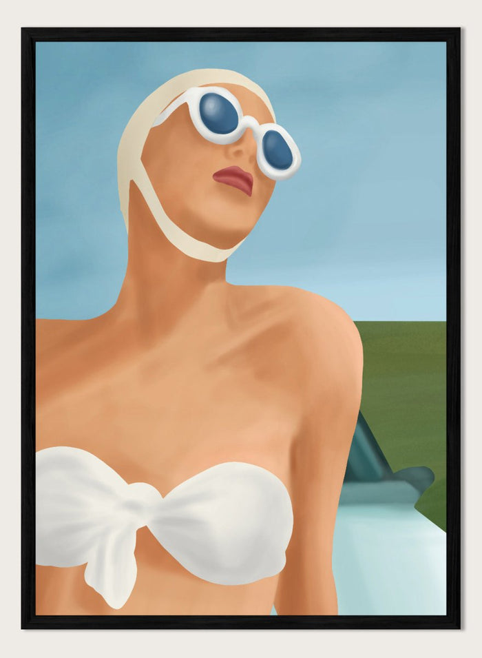 Woman wearing a white bikini and sunglasses with a car in the background. Retro Summer Swimmer by Flow Line is a retro pool art print featuring a vintage swimsuit, oversized sunglasses, resort style, summer decor, and feminine wall art.