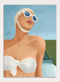Woman wearing a white bikini and sunglasses with a car in the background. Retro Summer Swimmer by Flow Line is a retro pool art print featuring a vintage swimsuit, oversized sunglasses, resort style, summer decor, and feminine wall art.