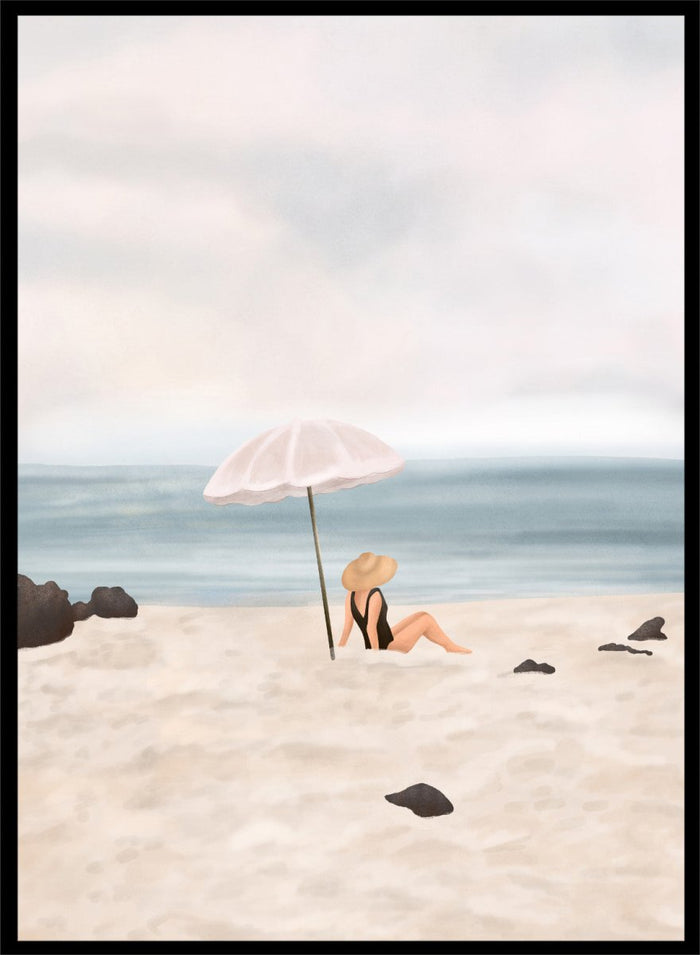 Woman under an umbrella on a beach with a calm ocean and sky. Serene Beach Scene by Flow Line is a coastal art print featuring a woman by the ocean, beach umbrella, seaside illustration, and summer wall art.