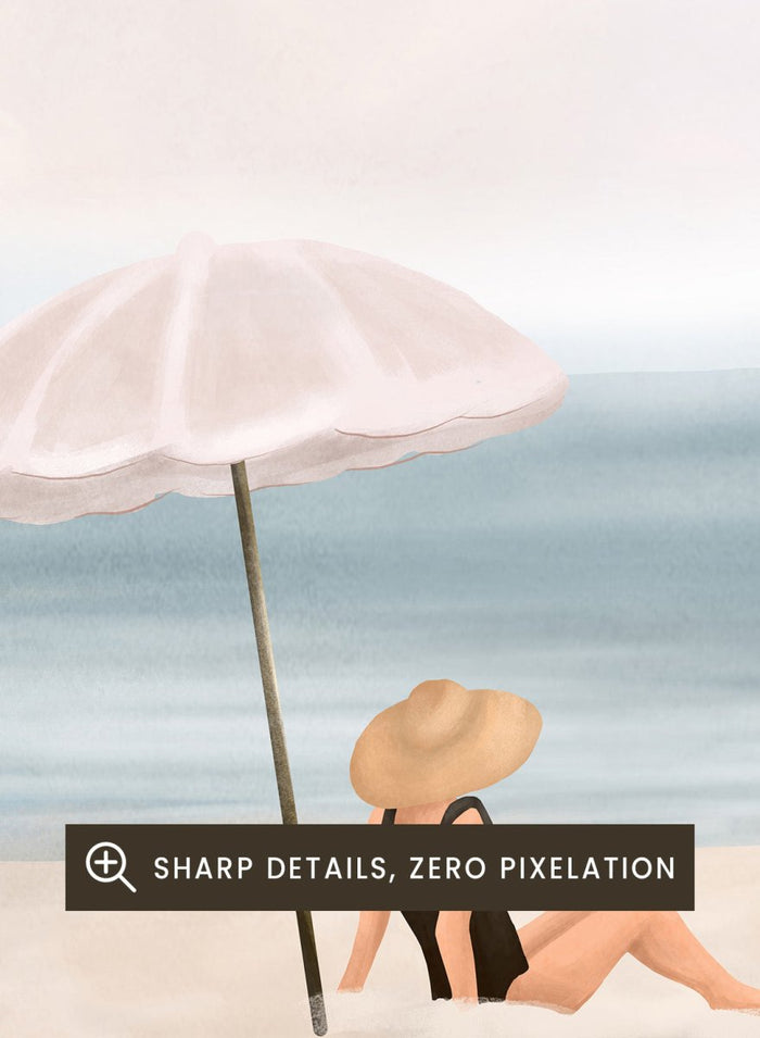 Woman under an umbrella on a beach with a calm ocean and sky. Serene Beach Scene by Flow Line is a coastal art print featuring a woman by the ocean, beach umbrella, seaside illustration, and summer wall art.