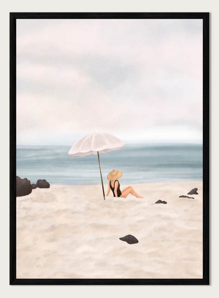 Woman under an umbrella on a beach with a calm ocean and sky. Serene Beach Scene by Flow Line is a coastal art print featuring a woman by the ocean, beach umbrella, seaside illustration, and summer wall art.