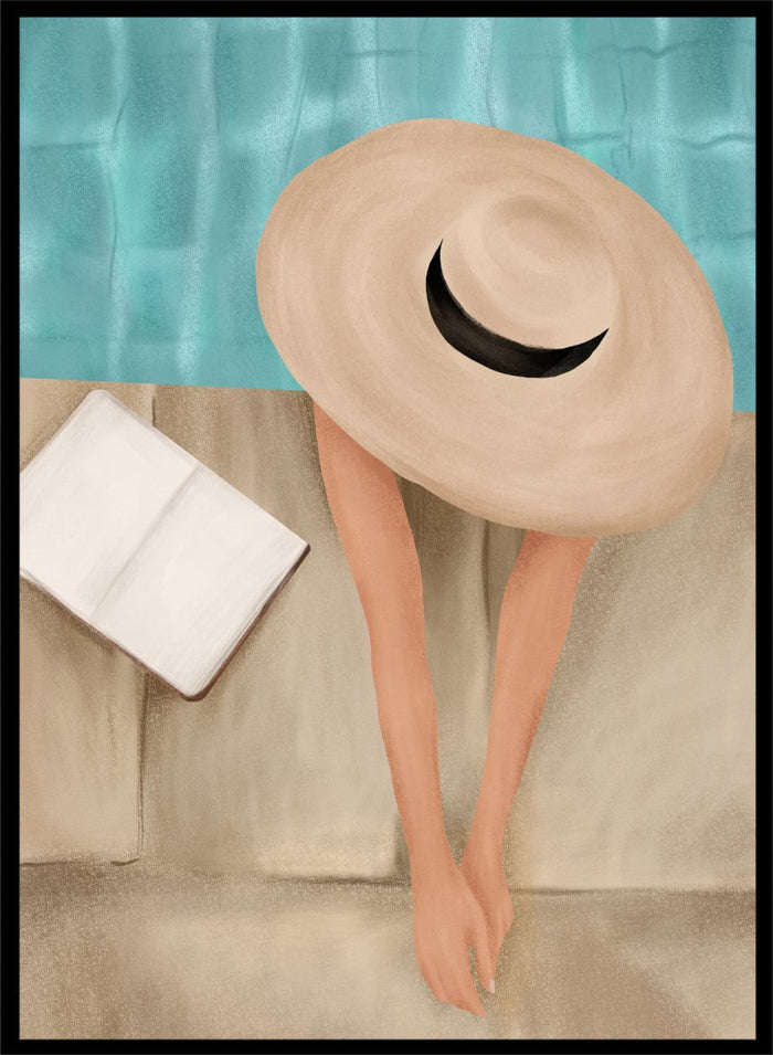 Person wearing a large beige hat with a black band, standing against a textured blue and beige wall. Summer Poolside Relax by Flow Line is a summer wall art print featuring a poolside scene, turquoise water, resort decor, vacation artwork, and coastal style.