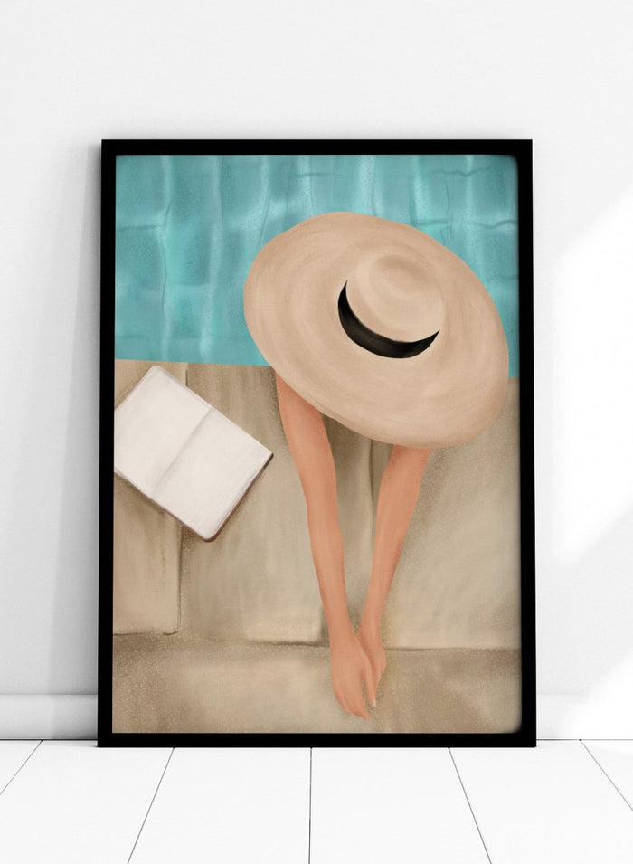 Person wearing a large beige hat with a black band, standing against a textured blue and beige wall. Summer Poolside Relax by Flow Line is a summer wall art print featuring a poolside scene, turquoise water, resort decor, vacation artwork, and coastal style.