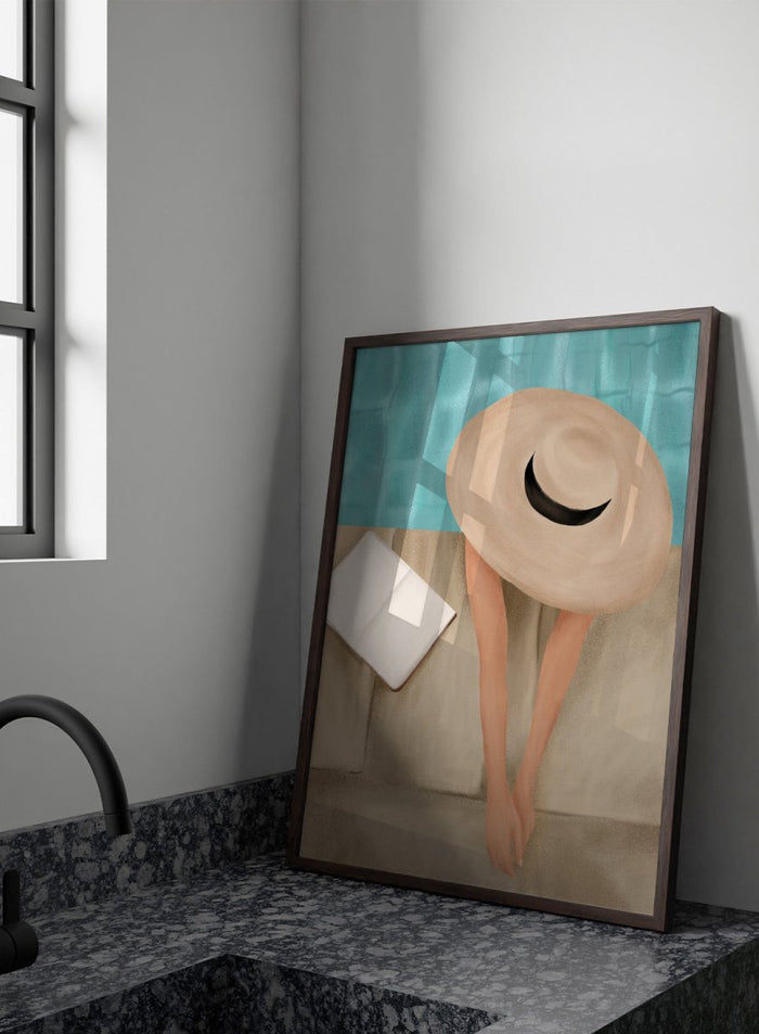 Person wearing a large beige hat with a black band, standing against a textured blue and beige wall. Summer Poolside Relax by Flow Line is a summer wall art print featuring a poolside scene, turquoise water, resort decor, vacation artwork, and coastal style.