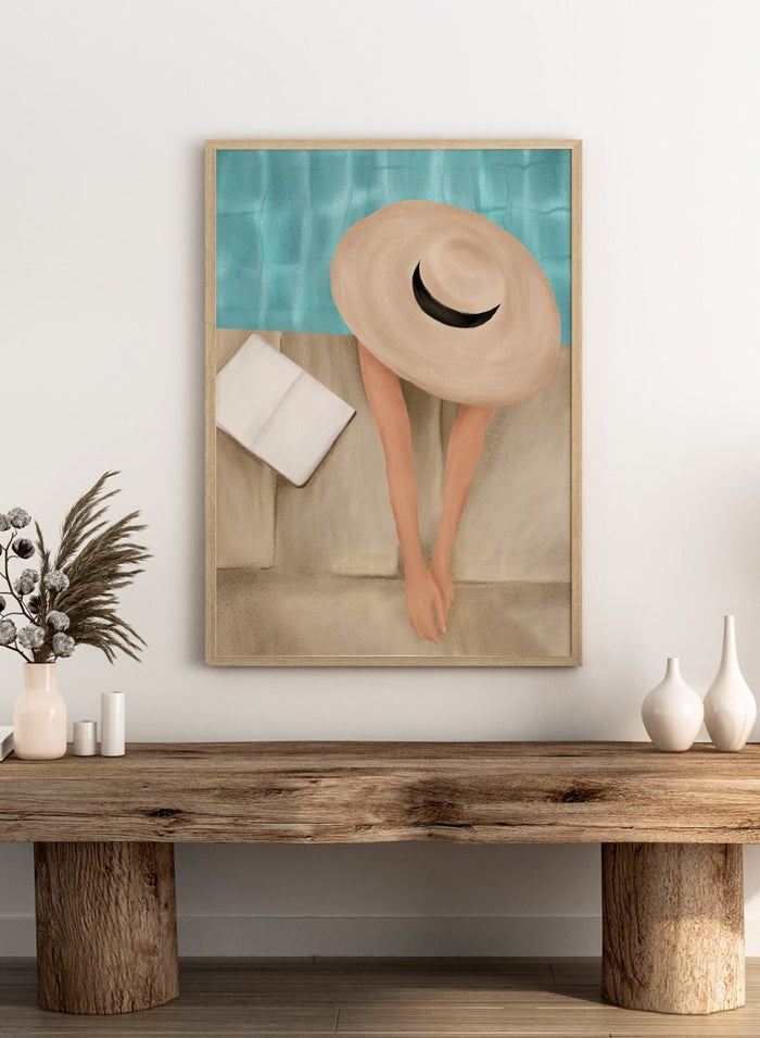 Person wearing a large beige hat with a black band, standing against a textured blue and beige wall. Summer Poolside Relax by Flow Line is a summer wall art print featuring a poolside scene, turquoise water, resort decor, vacation artwork, and coastal style.