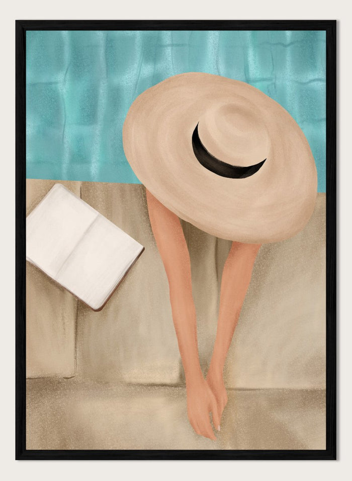 Person wearing a large beige hat with a black band, standing against a textured blue and beige wall. Summer Poolside Relax by Flow Line is a summer wall art print featuring a poolside scene, turquoise water, resort decor, vacation artwork, and coastal style.