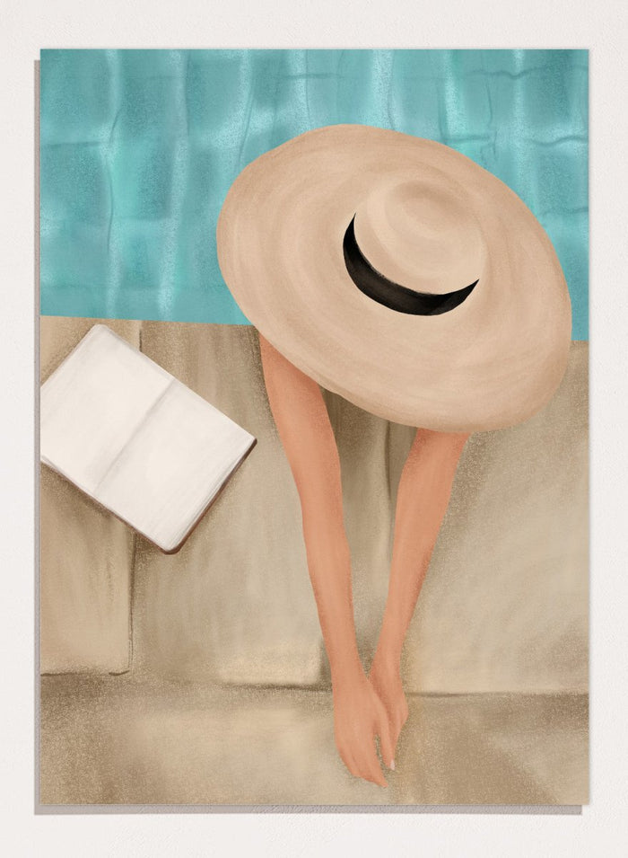 Person wearing a large beige hat with a black band, standing against a textured blue and beige wall. Summer Poolside Relax by Flow Line is a summer wall art print featuring a poolside scene, turquoise water, resort decor, vacation artwork, and coastal style.