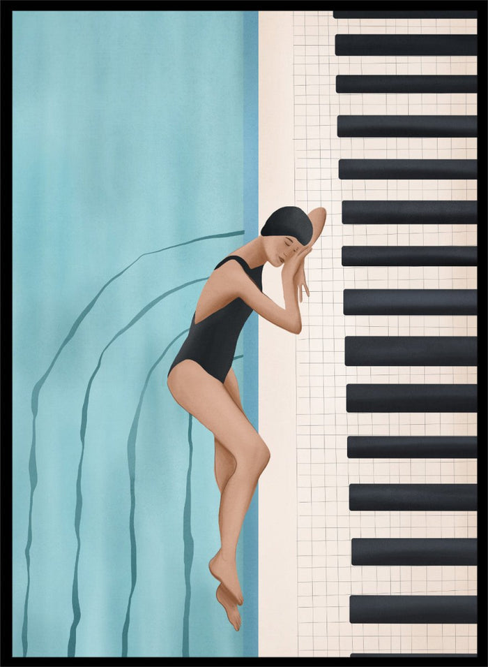 Woman in a black swimsuit diving into water next to a piano keyboard. Swimmer's Piano Dream by Flow Line features a swimmer resting beside piano keys, blending music, water, and surreal dreamlike imagery in modern wall art.