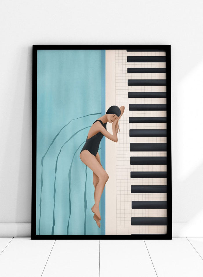 Woman in a black swimsuit diving into water next to a piano keyboard. Swimmer's Piano Dream by Flow Line features a swimmer resting beside piano keys, blending music, water, and surreal dreamlike imagery in modern wall art.