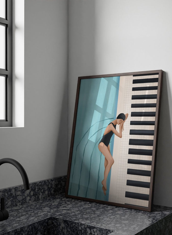 Woman in a black swimsuit diving into water next to a piano keyboard. Swimmer's Piano Dream by Flow Line features a swimmer resting beside piano keys, blending music, water, and surreal dreamlike imagery in modern wall art.