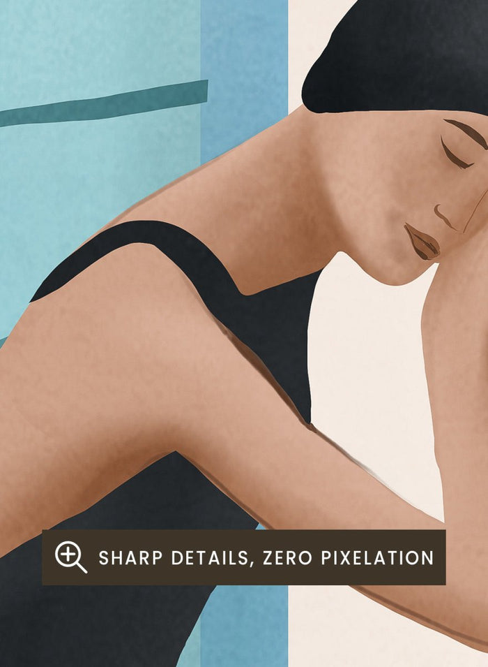 Woman in a black swimsuit diving into water next to a piano keyboard. Swimmer's Piano Dream by Flow Line features a swimmer resting beside piano keys, blending music, water, and surreal dreamlike imagery in modern wall art.