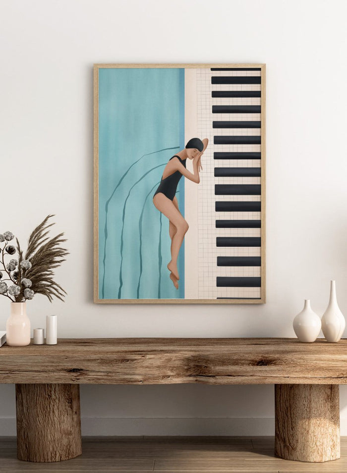 Woman in a black swimsuit diving into water next to a piano keyboard. Swimmer's Piano Dream by Flow Line features a swimmer resting beside piano keys, blending music, water, and surreal dreamlike imagery in modern wall art.