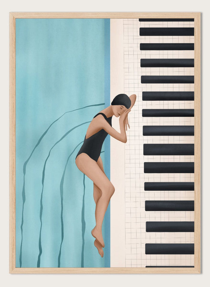 Woman in a black swimsuit diving into water next to a piano keyboard. Swimmer's Piano Dream by Flow Line features a swimmer resting beside piano keys, blending music, water, and surreal dreamlike imagery in modern wall art.