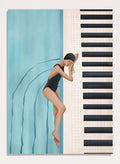 Woman in a black swimsuit diving into water next to a piano keyboard. Swimmer's Piano Dream by Flow Line features a swimmer resting beside piano keys, blending music, water, and surreal dreamlike imagery in modern wall art.