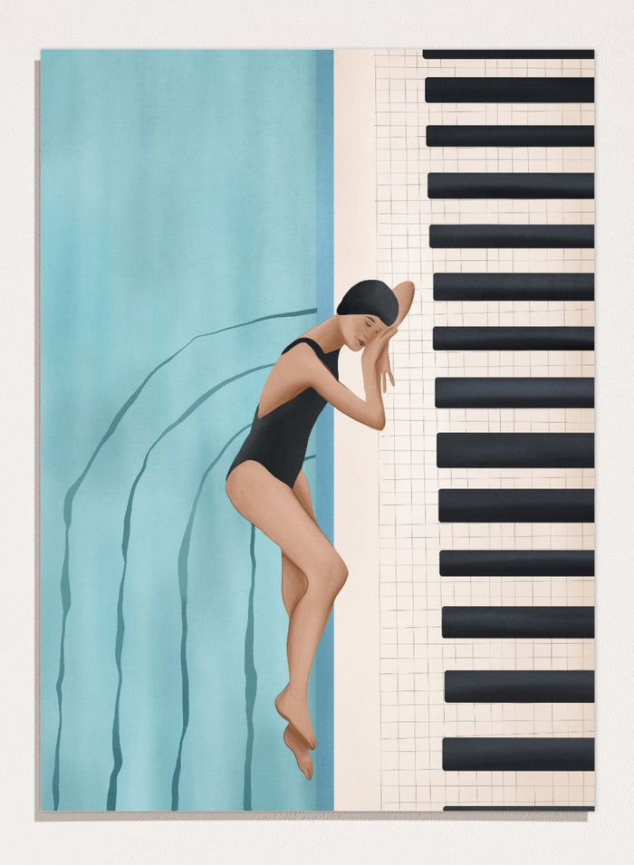 Woman in a black swimsuit diving into water next to a piano keyboard. Swimmer's Piano Dream by Flow Line features a swimmer resting beside piano keys, blending music, water, and surreal dreamlike imagery in modern wall art.