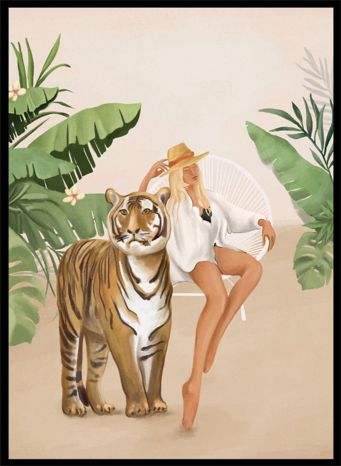 Illustration of a woman sitting next to a tiger with tropical plants in the background. Tropical Tiger Woman by Flow Line is a tropical art print featuring a woman, tiger, and lush greenery, perfect for boho, maximalist, and modern interiors.