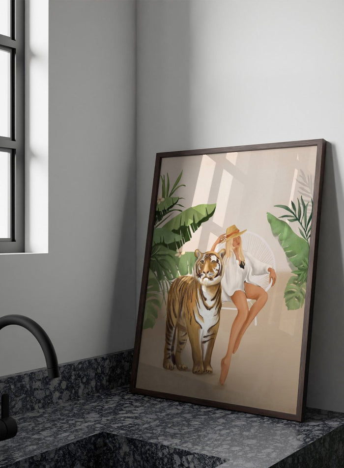 Illustration of a woman sitting next to a tiger with tropical plants in the background. Tropical Tiger Woman by Flow Line is a tropical art print featuring a woman, tiger, and lush greenery, perfect for boho, maximalist, and modern interiors.