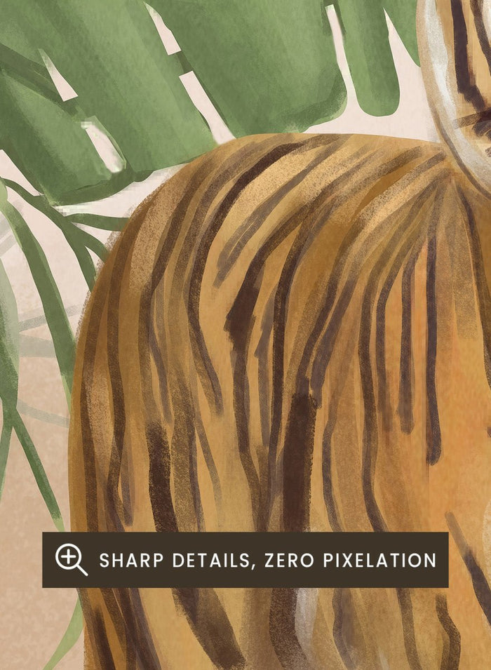 Illustration of a woman sitting next to a tiger with tropical plants in the background. Tropical Tiger Woman by Flow Line is a tropical art print featuring a woman, tiger, and lush greenery, perfect for boho, maximalist, and modern interiors.