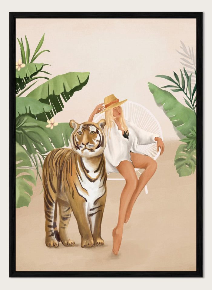 Illustration of a woman sitting next to a tiger with tropical plants in the background. Tropical Tiger Woman by Flow Line is a tropical art print featuring a woman, tiger, and lush greenery, perfect for boho, maximalist, and modern interiors.