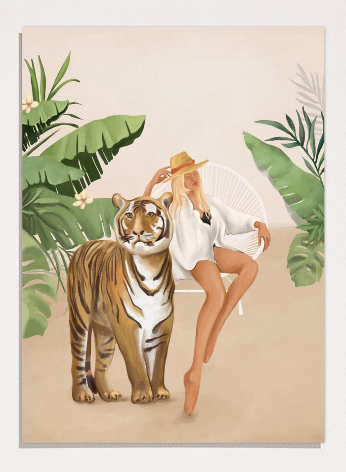Illustration of a woman sitting next to a tiger with tropical plants in the background. Tropical Tiger Woman by Flow Line is a tropical art print featuring a woman, tiger, and lush greenery, perfect for boho, maximalist, and modern interiors.