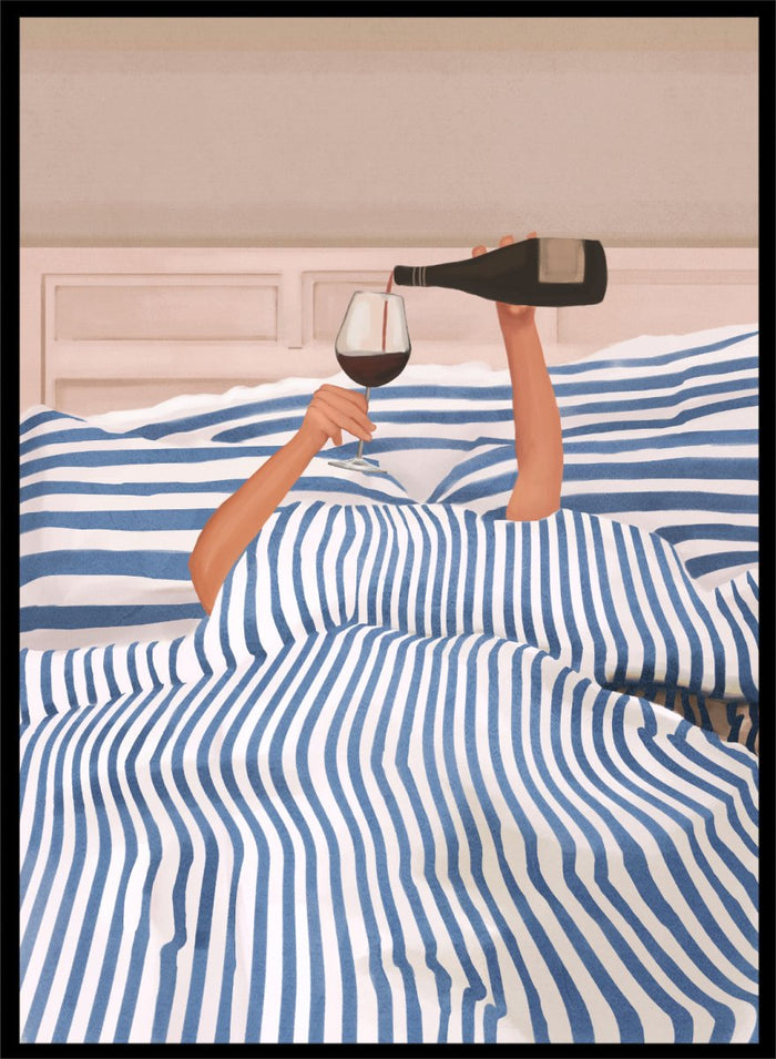 Person lying in bed pouring wine into a glass, wearing striped sheets. Wine In Bed by Flow Line is a playful art print featuring striped bedding, red wine, minimalist illustration, and cozy bedroom decor.