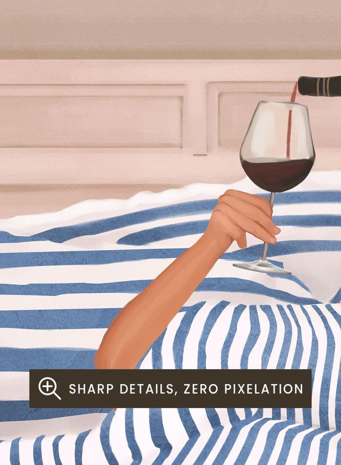 Person lying in bed pouring wine into a glass, wearing striped sheets. Wine In Bed by Flow Line is a playful art print featuring striped bedding, red wine, minimalist illustration, and cozy bedroom decor.