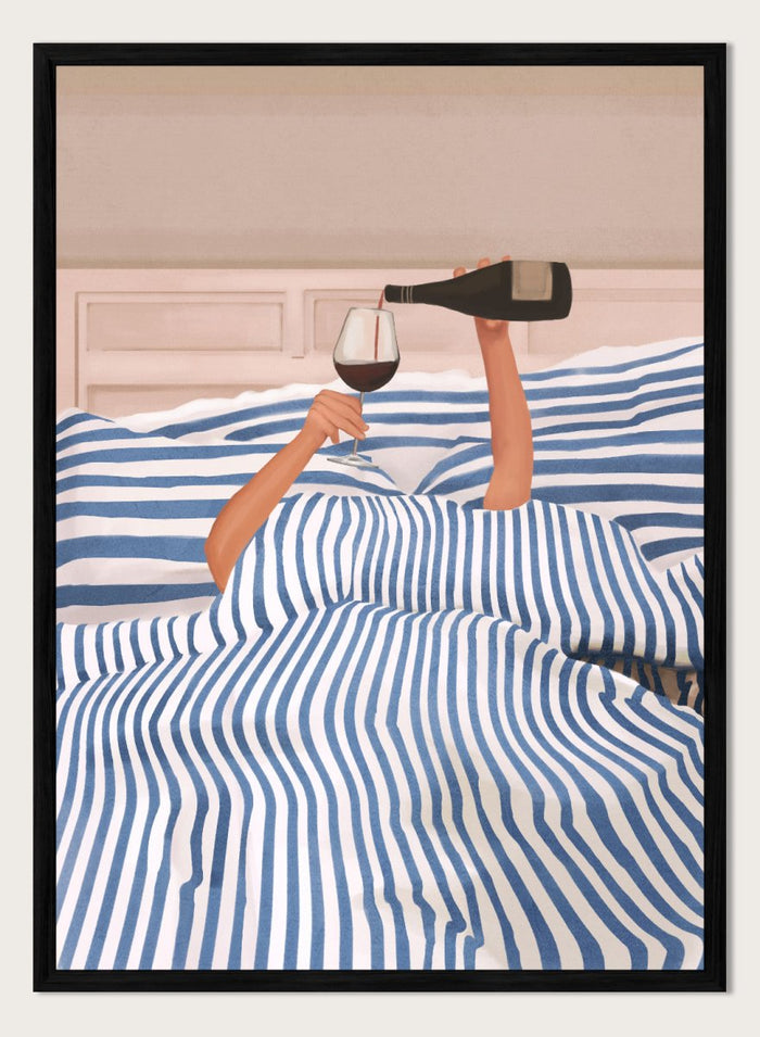 Person lying in bed pouring wine into a glass, wearing striped sheets. Wine In Bed by Flow Line is a playful art print featuring striped bedding, red wine, minimalist illustration, and cozy bedroom decor.