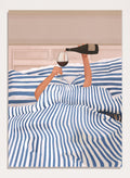 Person lying in bed pouring wine into a glass, wearing striped sheets. Wine In Bed by Flow Line is a playful art print featuring striped bedding, red wine, minimalist illustration, and cozy bedroom decor.