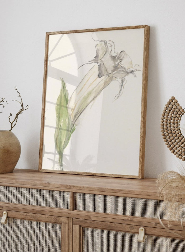 Flower by Sientje Mesdag-van Houten is a vintage botanical print, a watercolor study of a single wilting bloom with a green leaf and pale curling stems.