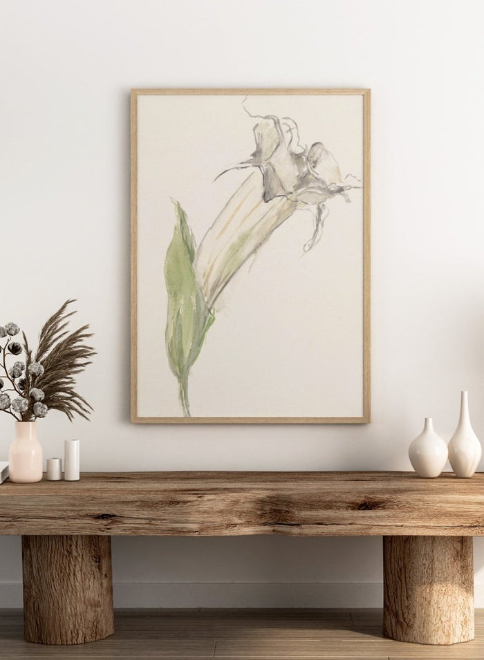 Flower by Sientje Mesdag-van Houten is a vintage botanical print, a watercolor study of a single wilting bloom with a green leaf and pale curling stems.