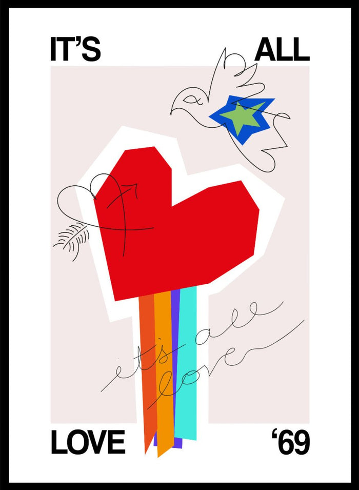Colorful abstract design with a red heart and text on a light background. It’s All Love ’69 Heart Greige by Frances Collett is a colorful heart art print with rainbow stripes and expressive linework. Officially licensed contemporary wall poster with optional framing.