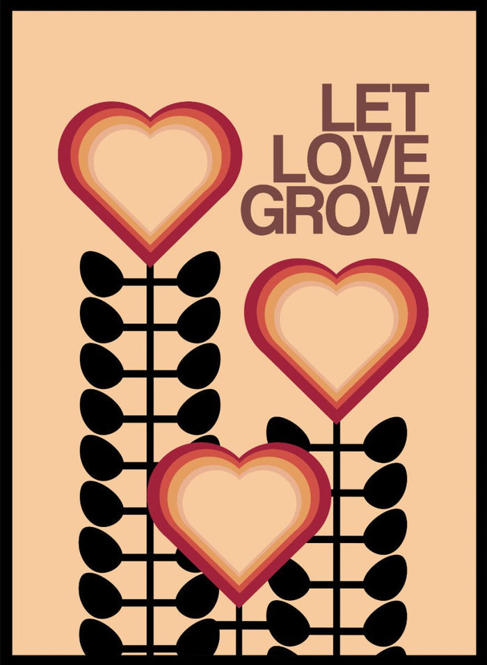 Decorative poster with hearts and leaves on a beige background with 'Let Love Grow' text. Let Love Grow by Frances Collett art print featuring heart-shaped flowers, bold stems, and retro colors. Officially licensed wall poster with optional framing.