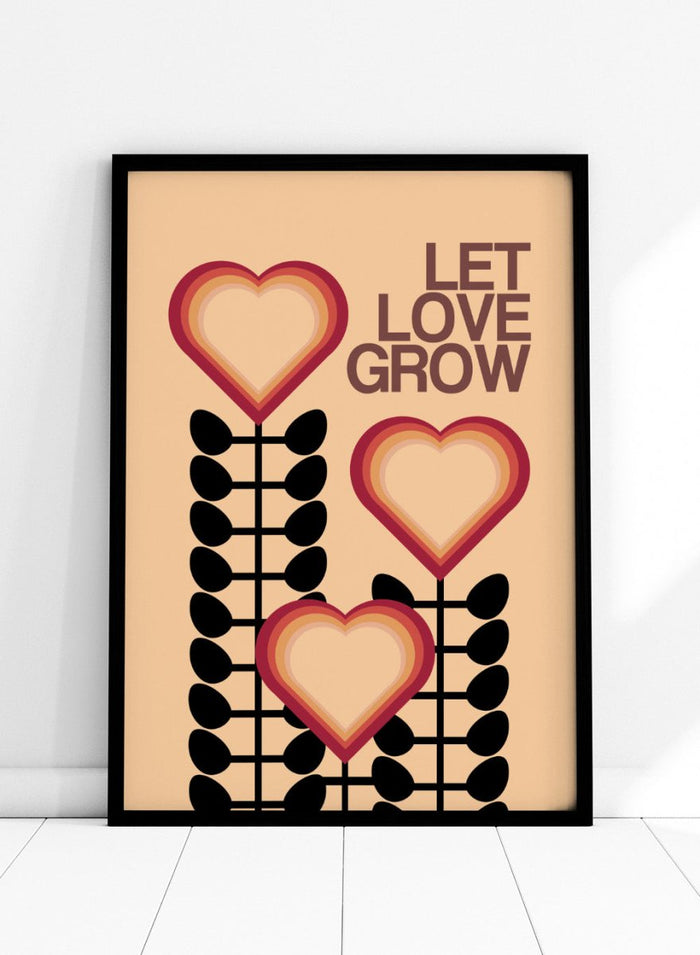 Decorative poster with hearts and leaves on a beige background with 'Let Love Grow' text. Let Love Grow by Frances Collett art print featuring heart-shaped flowers, bold stems, and retro colors. Officially licensed wall poster with optional framing.