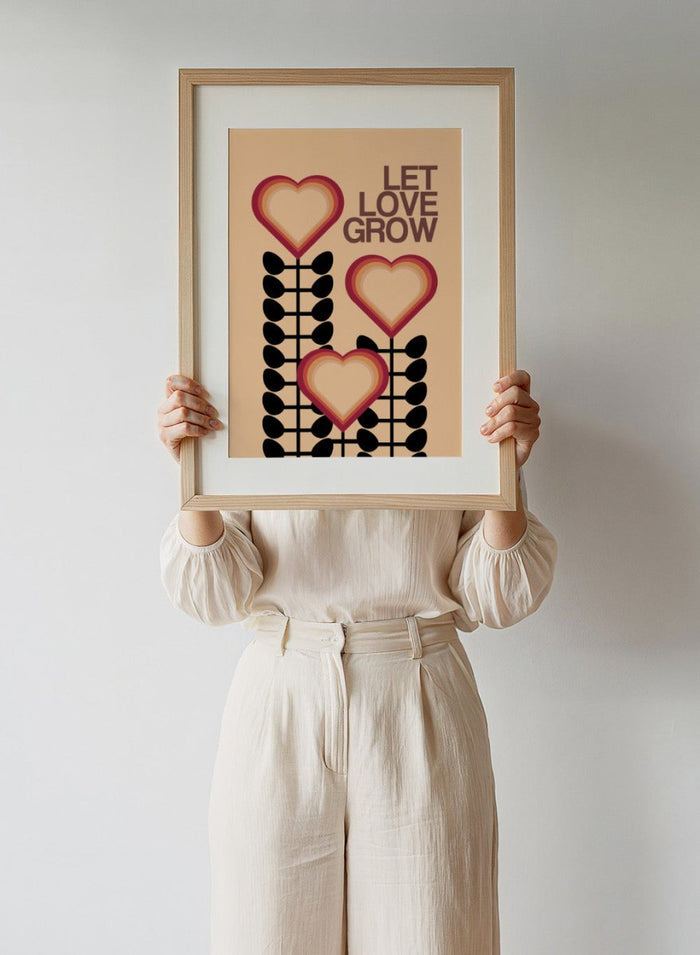 Decorative poster with hearts and leaves on a beige background with 'Let Love Grow' text. Let Love Grow by Frances Collett art print featuring heart-shaped flowers, bold stems, and retro colors. Officially licensed wall poster with optional framing.