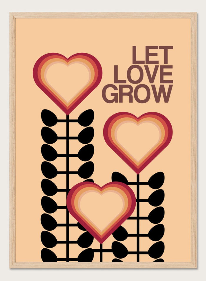 Decorative poster with hearts and leaves on a beige background with 'Let Love Grow' text. Let Love Grow by Frances Collett art print featuring heart-shaped flowers, bold stems, and retro colors. Officially licensed wall poster with optional framing.