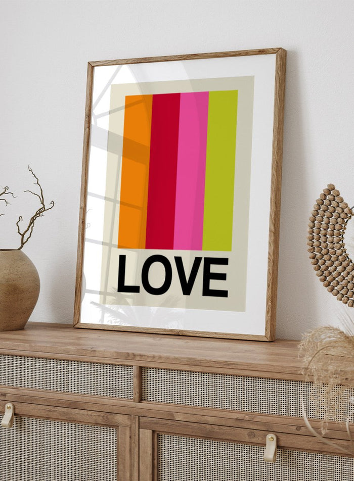 Colorful striped poster with the word 'LOVE' on a beige background. Retro Stripe LOVE Fruit by Frances Collett features colorful vertical stripes and bold LOVE typography. Officially licensed modern graphic art print with optional framing.
