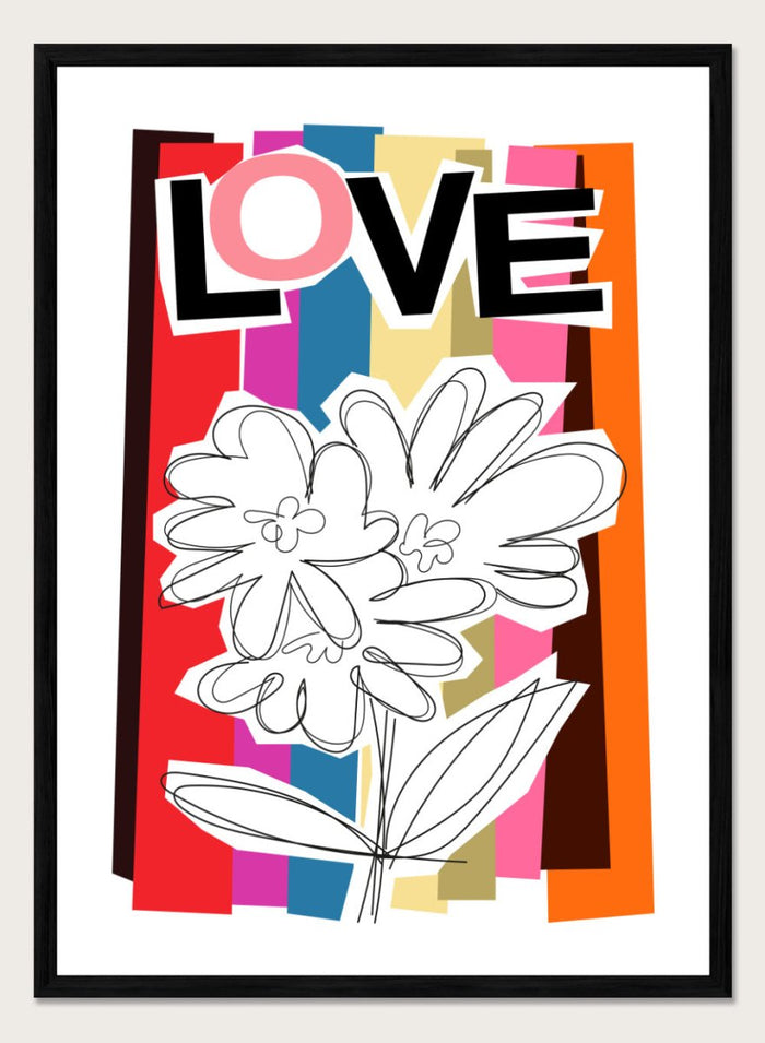 Colorful abstract design with flowers and the word 'LOVE' on a striped background. Scribble Flower by Frances Collett art print featuring a hand-drawn flower over bold colorful stripes with the word LOVE. Officially licensed wall poster with framing option.