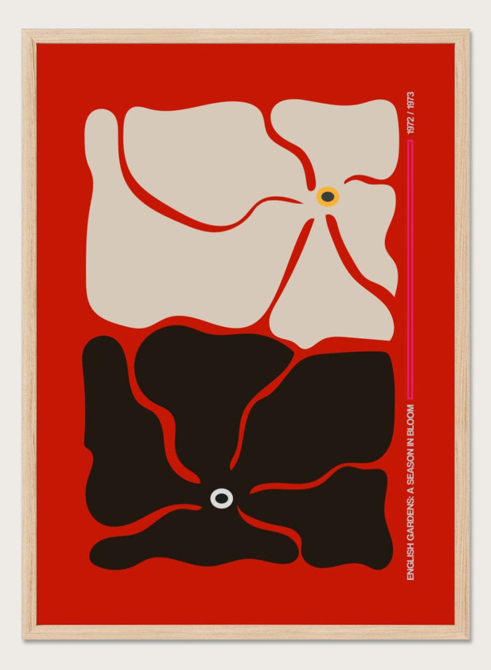 Abstract design with beige and black shapes on a red background. Two By Two Flower Red by Frances Collett is a modern abstract floral art print featuring two bold flowers in red, black, and cream tones. Officially licensed wall poster with optional framing.