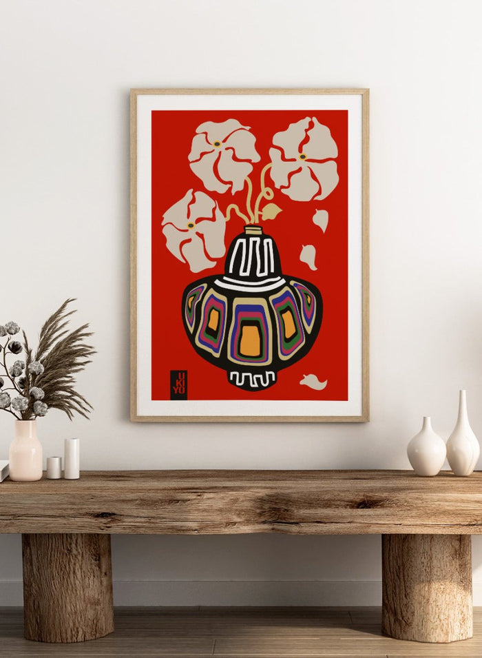 Decorative vase with colorful patterns on a red background. Ukiyo Vase Flower Rainbow Red by Frances Collett art print featuring a colorful patterned vase with cream flowers on a red background. Officially licensed wall poster with optional framing.