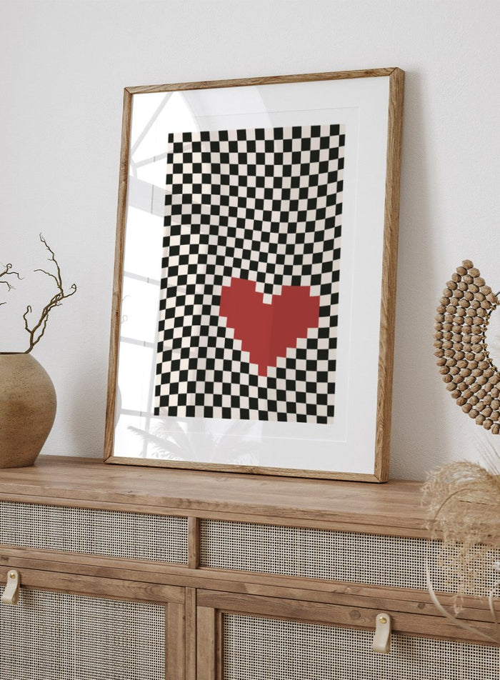 Checkered pattern with a red heart in the center. Pixel Heart by Frankie Kerr-Dineen features a red pixel heart on a wavy checkerboard background. Modern graphic art print and contemporary wall poster.